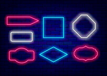 Colorful Neon Frames Collection. Square And Arrow. Rhombus Anf Curly Shape. Minimal Borders Pack. Vector Illustration