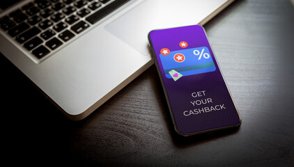 Cashback loyalty program concept. Customer rewards and money refund service. Smartphone with discount card with rewarding marketing points on the screen and text - get your cashback.