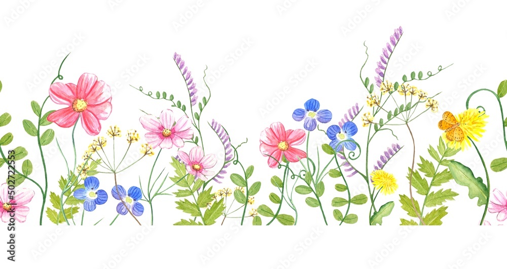 Watercolor floral seamless border with colorful wildflowers, leaves ...