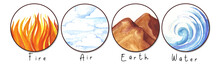 Four Natural Elements: Fire, Water, Earth And Air. Watercolor Illustration Set.