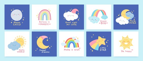 Cute cards with positive affirmation quotes, childish posters with rainbows, clouds, moon sun and stars characters. inspiration poster for nursery decoration, greeting card for kids vector set