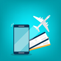 Sticker - Booking online tickets .Buy or check in. Illustration of online ticket, tourism and travel, vacation and journey by plane.