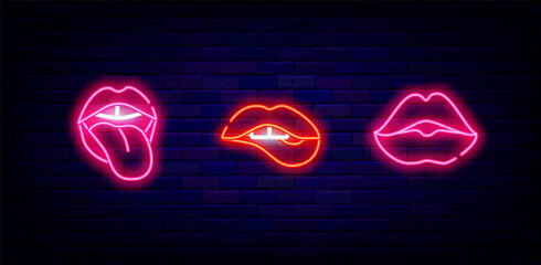 Wall Mural - Woman lips neon icon collection. Protruding tongue and kiss. Biting mouth. Sexy signboard. Vector stock illustration