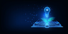 Futuristic Ecological Creative Learning Concept With Glowing Open Book, Plant And Lightbulb 