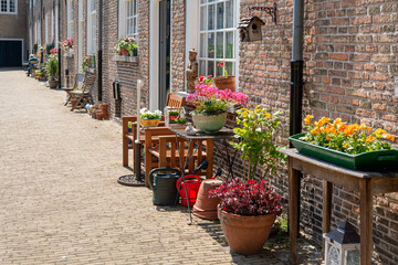 Sticker - Exuberant flowering plants in front of the facades of the small houses in the historic beguinage in the Dutch city of Breda in the spring season. The beguinage was built in 1535.