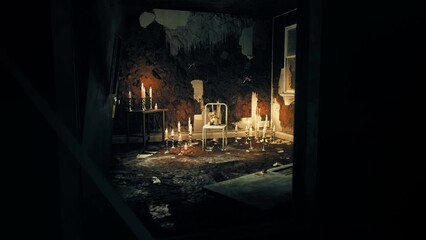 Wall Mural - A creepy candlelit room in a deserted house and an old children's toy left on a chair. A post-apocalyptic scene. Abandoned House of Horrors. Animation is perfetct for mystical and horror backgrounds.