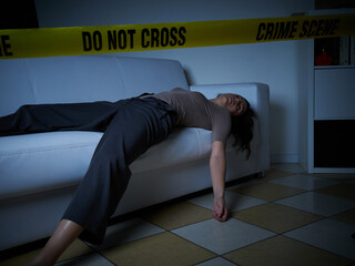 Wall Mural - Crime Scene - Woman dead lying on the couch