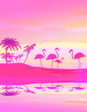 Flamingos In Wild Nature Landscape During Sunset, Silhouette Illustration