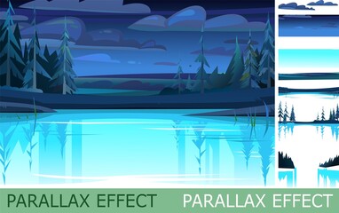 Wall Mural - night rural landscape with parallax effect. water glows. old pond or river bank. view of farm garden