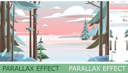 Wall Mural - winter rural landscape with parallax effect. coniferous trees in the snow. beautiful evening or morn