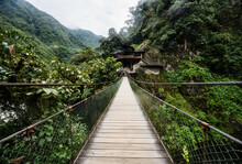 Draw Bridge Over Río Verde On The Way To The Pailon Del Diablo Waterfall, Banos, Ecuador, South America