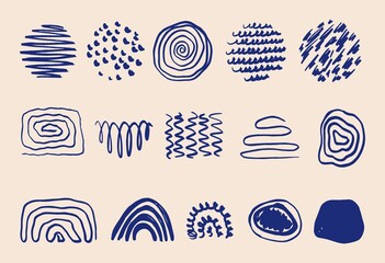 Wall Mural - A set of various blue hand drawings on a light background, various doodles. Modern fashion illustration. Flat design, cartoon drawing, vector.