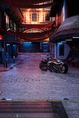 Poster - Portrait format 3D illustration of cyberpunk city street at night with a fantasy futuristic motorcycle parked on the corner.