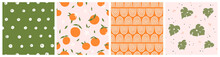 Seamless Pattern With Oranges, Monstera Leaves And Abstract Elements. Vector Backgrounds With Hand Drawn Fruits, Plants, Rainbows, Dots. Creative Texture For Fabric, Textile