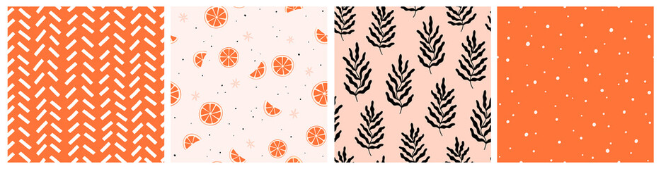 Wall Mural - Seamless pattern with oranges, leaves and abstract elements. Vector backgrounds with hand drawn fruits, plants, Matisse inspired branches, dots. Creative texture for fabric, textile