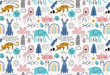 Wall Mural - Vector seamless pattern with cute animal.