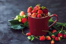 Fresh Strawberries In A Burgundy Cup On A Dark Background, Summer Harvest, Berries And Superfood