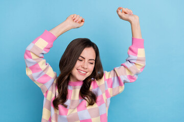 Sticker - Photo of young cheerful girl have fun dance club event chill free-time isolated over blue color background