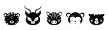 Black And White Animal Heads Set Of Jaguar, Gazelle, Zebra, Monkey, Camel. Animal Faces In Scandinavian Style. Desing For Kids T-shirts, Wear, Nursery Decoration, Greeting Cards, Other.