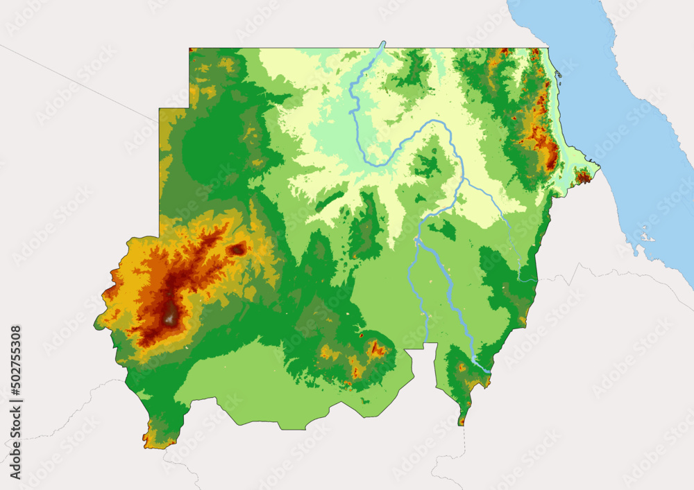 High detailed vector Sudan physical map, topographic map of Sudan on ...