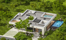 3d Rendering Of New Concrete House In Modern Style With Pool And Parking For Sale Or Rent And Beautiful Landscaping On Background. The House Has Only One Floor. Summer Sunny Day With Clear Blue Sky.