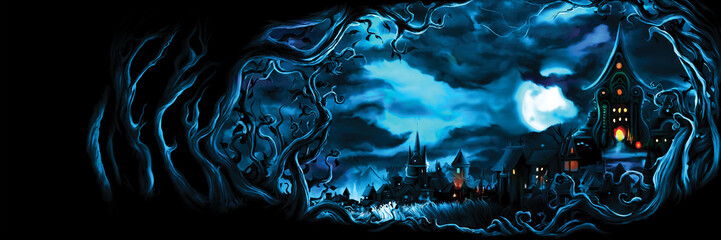 Wall Mural - Fable night town and forest / Horizontal banner with abstract branches and a fable old town with lights in the background. Digital painting