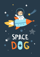 Wall Mural - space poster with dog astronaut flying on the rocket. cute cosmic print with spaceship and lettering