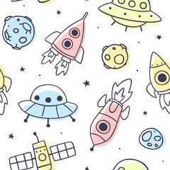 Wall Mural - outline doodle space pattern. cosmic seamless print with rockets and ufo for kids.