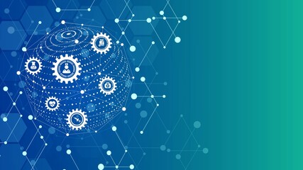 Poster - Vector blue background frame for medical icon, symbol. Design mechanisms, gears. Texture hexagons, dots. Doctor. Plexus of lines, grids. Sphere of geometric shapes. Banner business, social networks.