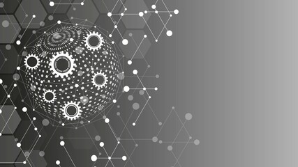 Poster - Vector background icon frame. Technology design of mechanisms, gears. Texture hexagons, dots. Plexus lines, connection grid. Sphere geometric shapes. Poster business, medicine, social networks.