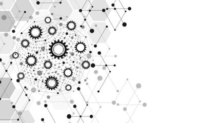 Poster - Vector background icon frame. Technology design of mechanisms, gears. Texture hexagons, dots. Plexus lines, connection grid. Sphere geometric shapes. Poster business, medicine, social networks.