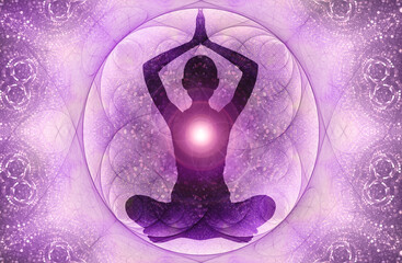 Wall Mural - Silhouette of a girl in Lotus position on the background of the fractal universe. A state of trance and deep meditation. A spiritual journey in the universe.