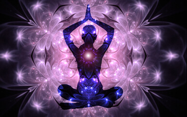 Wall Mural - Silhouette of a girl in Lotus position on the background of the fractal universe. A state of trance and deep meditation. A spiritual journey in the universe.