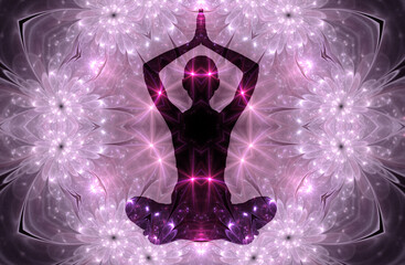 Wall Mural - Silhouette of a girl in Lotus position on the background of the fractal universe. A state of trance and deep meditation. A spiritual journey in the universe.