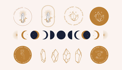 a set of female hand logos crystal in a minimal linear style. mystical logo template of sun crystals