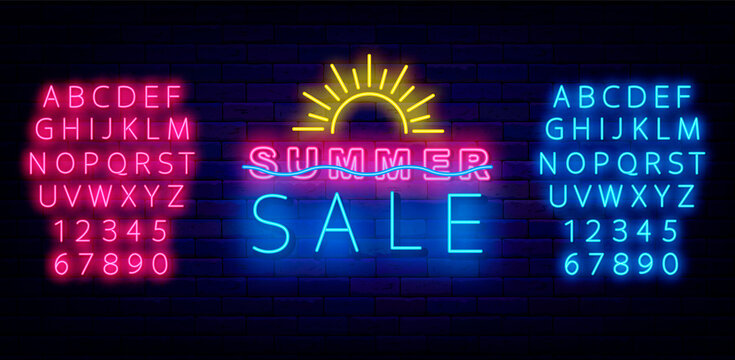 Summer sale neon badge. Sunrise in ocean. Shopping label with sea wave. Vector stock illustration