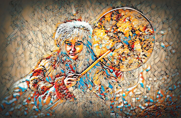 Fototapete - beautiful shamanic girl playing on shaman frame drum in the nature and mosaic structure.