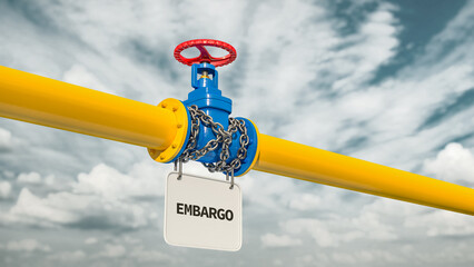 Industrial pipelines and valves with red wheels with chain and white blank sign embargo. Financial metaphor revealing the concept of sanctions. 3d render