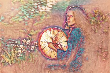 Poster - beautiful shamanic girl playing on shaman frame drum in the nature. Painting effect.