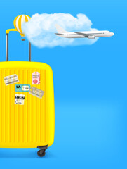Poster - Yellow travel suitcase with paper stickers. Summer travel concept. 3d vector banner with copy space