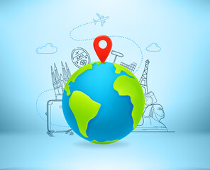 Poster - Travel illustration with The Earthh and doodle elements. 3d Vector illustration