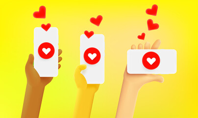 Poster - Using mobile applications in social network. People holding modern smart phones