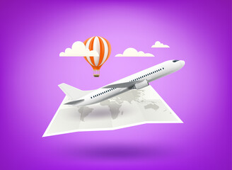 Poster - Air travel concept with world map, airplane and balloon. 3d vector illustration