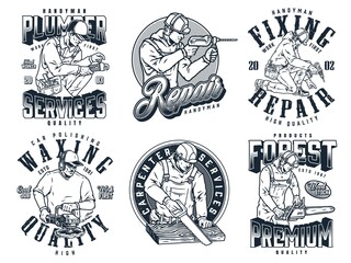 Wall Mural - Fixing and carpentry monochrome badges set