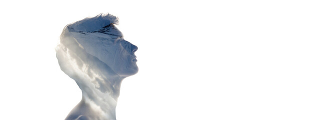 Conceptual image. Profile silhouette of young transparent man and nature landscape of snowy mountains isolated over white background.