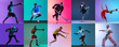 © Lustre Art Group  - Set of portraits of young people training isolated over multicolored background in neon light. In motion
