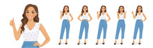 Young Woman With Curly Hairstyle And Casual Style Clothes In Different Poses Set. Various Gestures Surprised, Pointing, Standing, Showing Thumb Up And Ok Sign Isolated Vector Ilustration