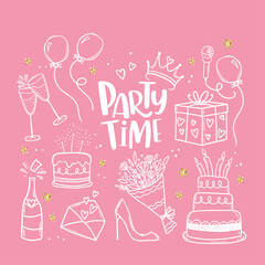 Fun hand drawn party design with cakes, gift boxes, balloons and party decoration. Great for birthday parties, textiles, banners, wallpapers, wrapping - vector design