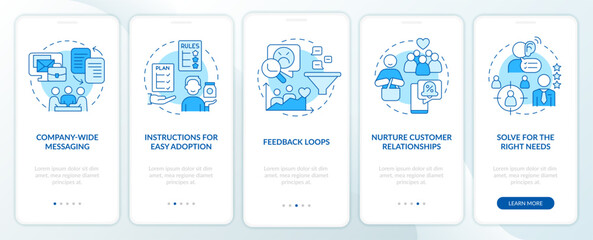 Solving for customer needs blue onboarding mobile app screen. Walkthrough 5 steps graphic instructions pages with linear concepts. UI, UX, GUI template. Myriad Pro-Bold, Regular fonts used