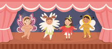 Children In Theater Play Wearing Costumes Performing On Stage Vector Illustration